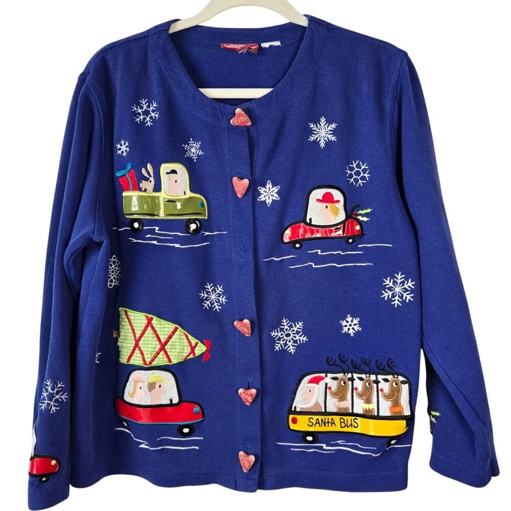 Y2K GrandmaCore Blue Cardigan Sweater Embroidered Appliqués Ceramic Heart Button